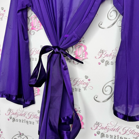 Avidlove robe kimono purple lace detail shiny trim detail mesh royal purple - Picture 4 of 13